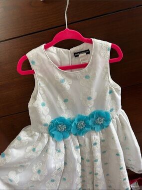 David Charles White Dress with Turquoise Floral Accents for Kids